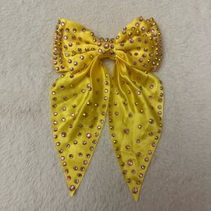New Handcrafted Yellow Satin Rhinestone Hair Bow 5” x 8” AB Bling Barrette Clip